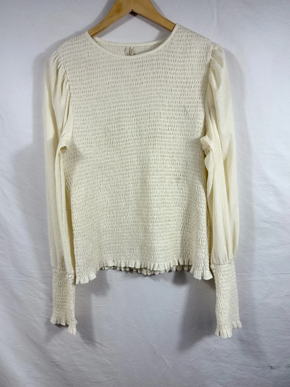 Anthropologie Ivory Smocked Balloon Long-Sleeve Top